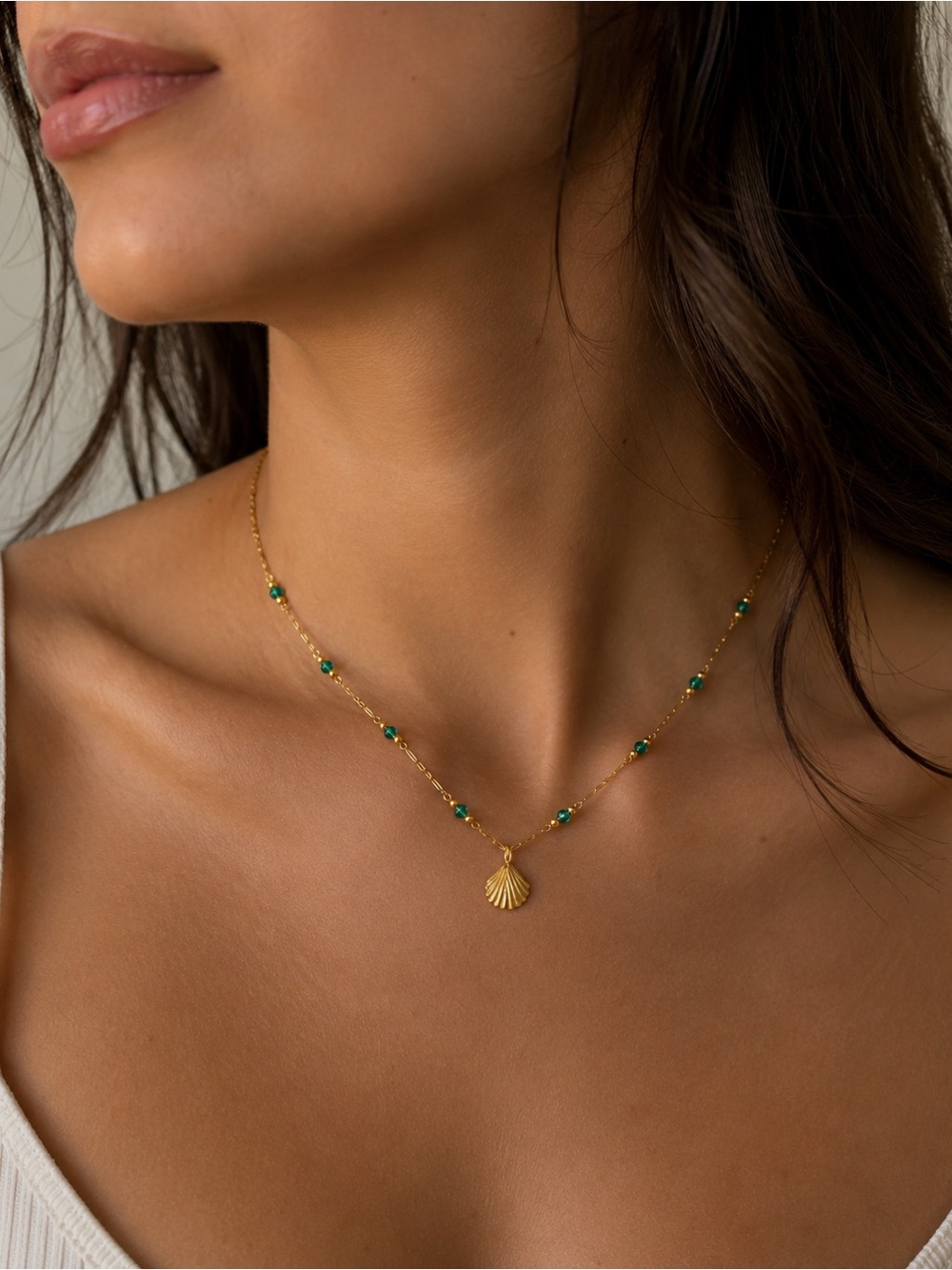 18K Gold Plated Green Beaded Shell Necklace